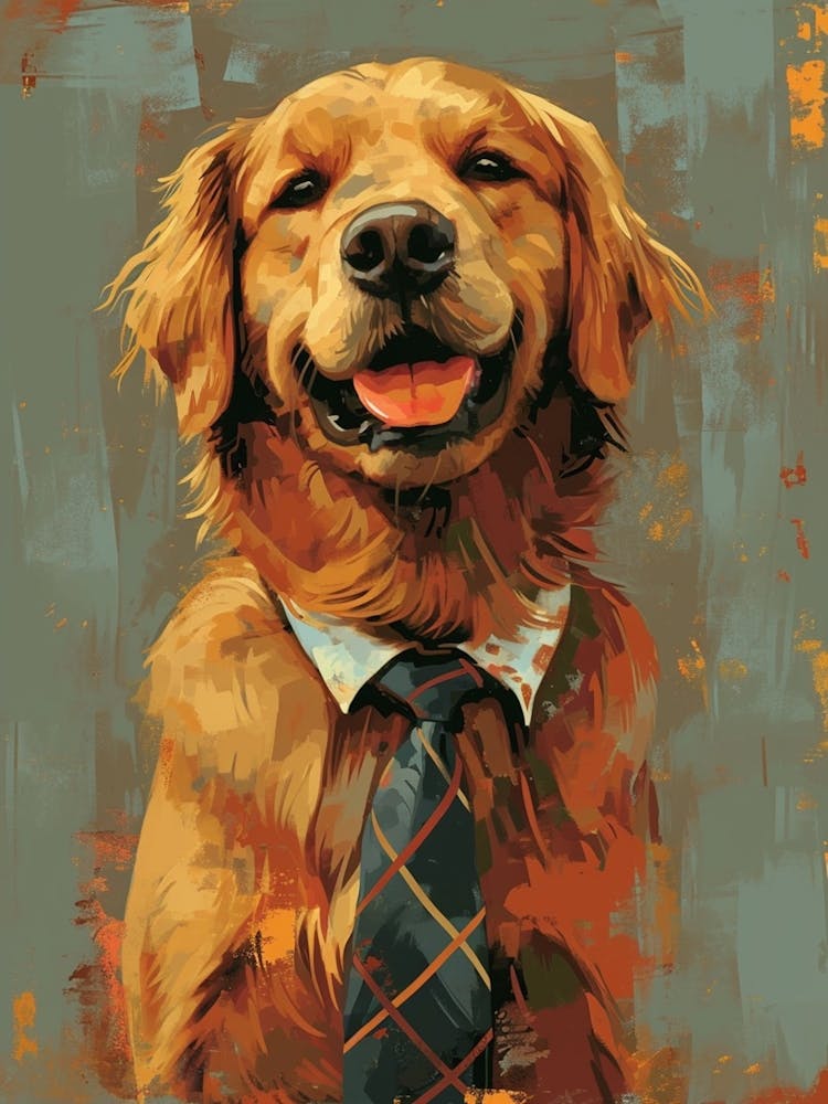 Kitsch Portrait Of A Golden Retriever In A Tie 2
