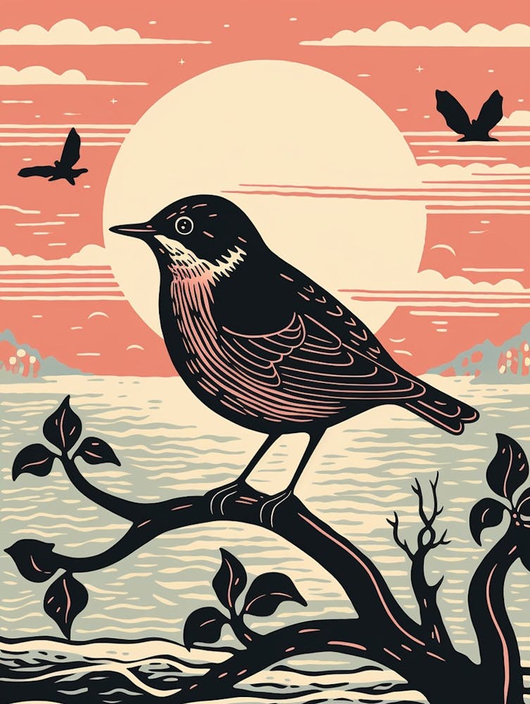 Vintage Bird Linocut Dipper 1