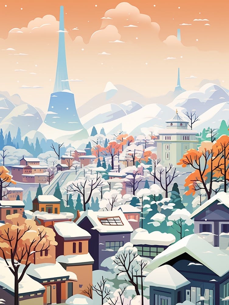 Vintage Winter Travel Illustration Seoul South Korea 1