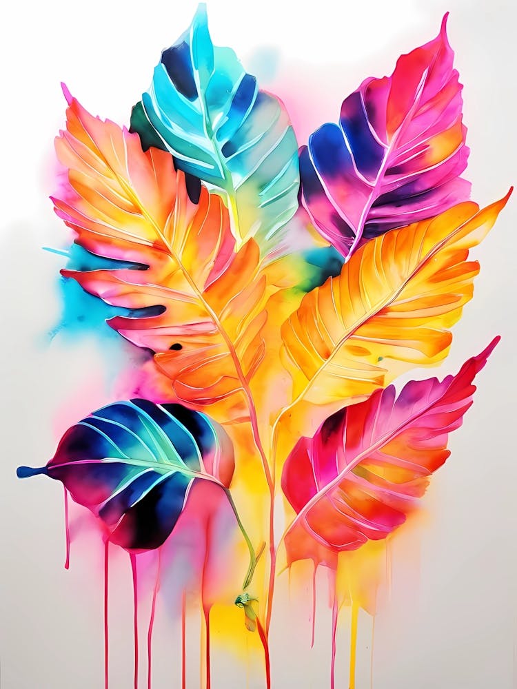 Watercolor And Neon Leave Art 