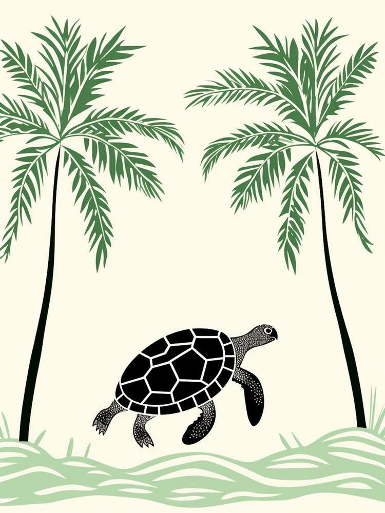 Modern Digital Sea Turtle Illustration Palm Trees 2
