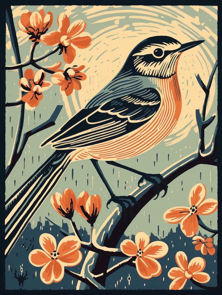 Vintage Bird Linocut Mockingbird 3