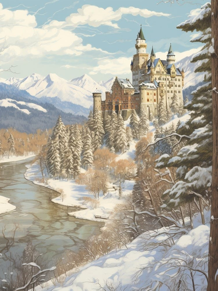 Vintage Winter Illustration Schloss Neuschwanstein Germany 2