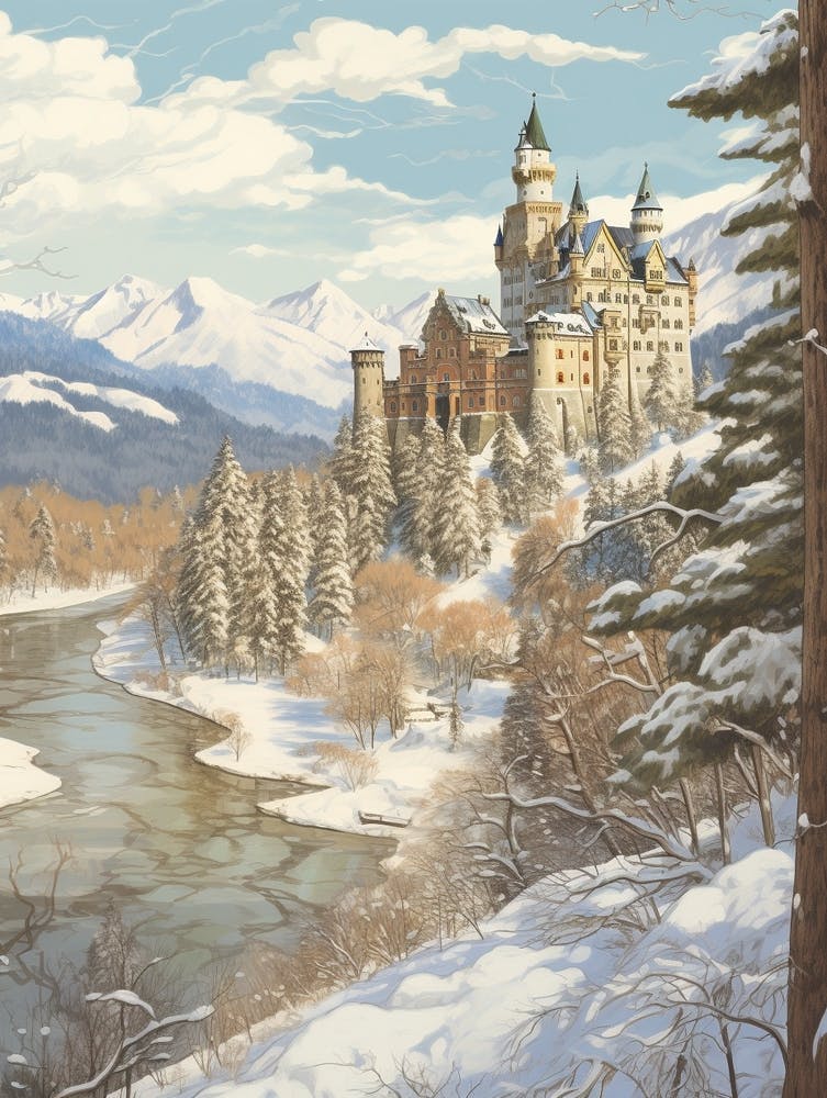 Vintage Winter Illustration Schloss Neuschwanstein Germany 2