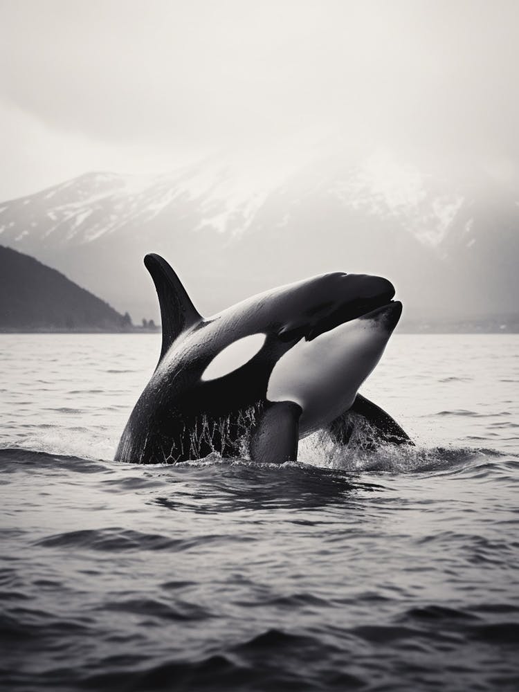 Misty Orca Whale And Mountain In The Distance Black & White