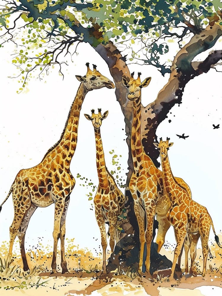 Giraffe Herd Under The Tree Watercolour 5