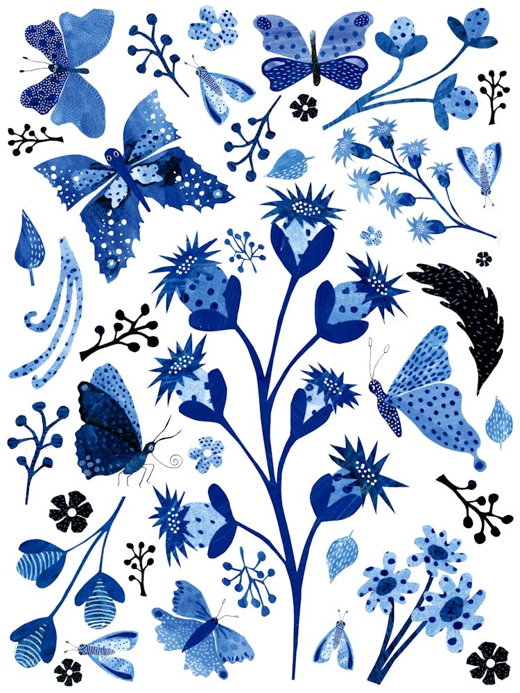Delft Blue Butterflies And Flowers