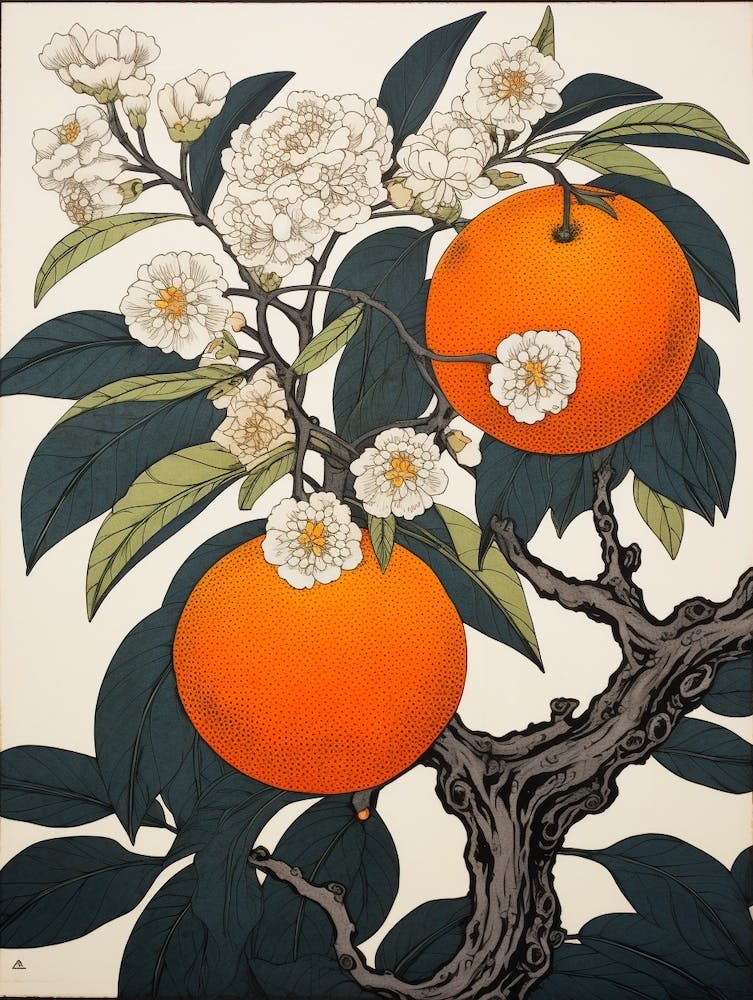 Tachibana Mandarin Orange 3 Vintage Botanical Woodblock