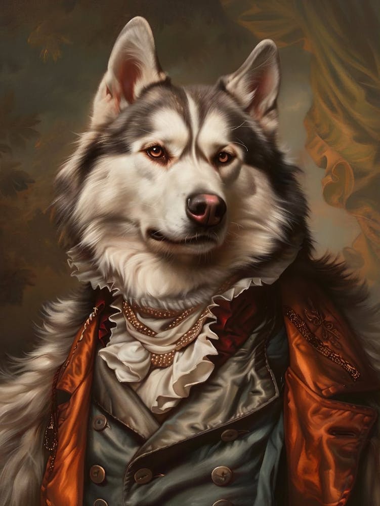 Victorian Animal Portrait, Dressed Dog Prints, Royal Siberian Husky, Pet Altered Art, Renaissance Animal Art, Animal Lover Gift