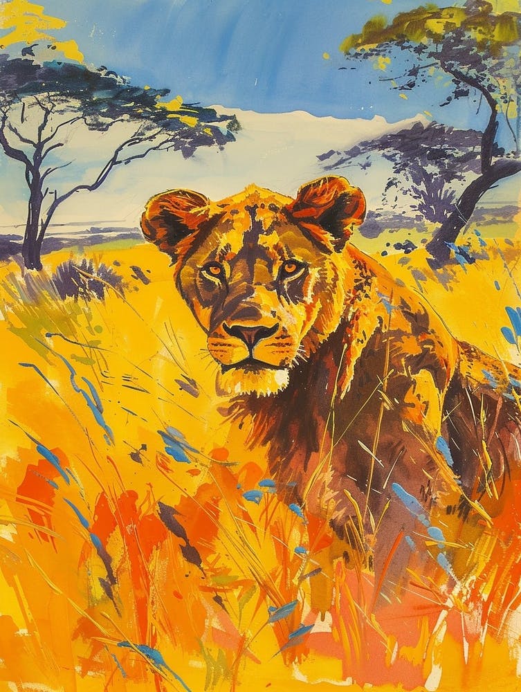 Southwest African Lion Hunting In The Savannah Fauvist Painting 4