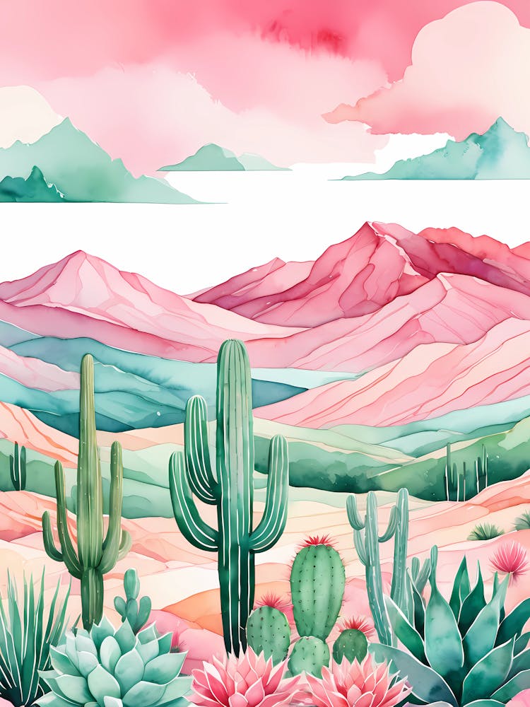 Watercolor Desert Landscape With Cactus