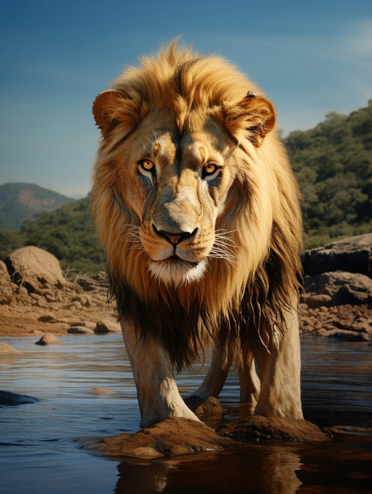 African Lion Drinking From A Stream Realistic 3