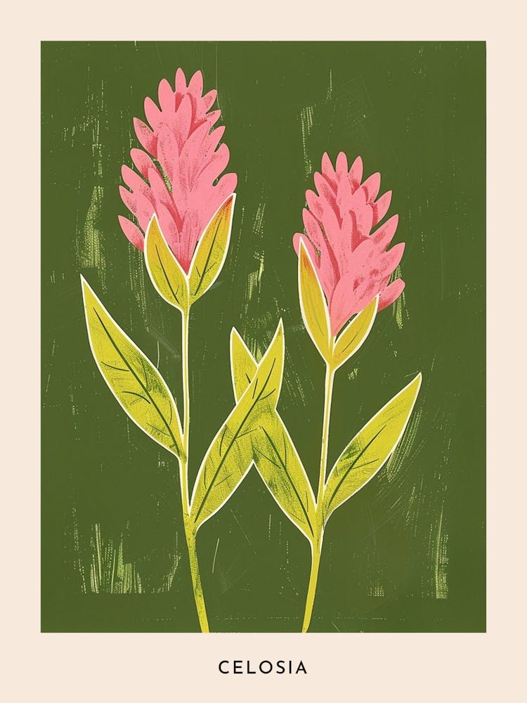 Pink & Green Celosia 1 Flower Poster