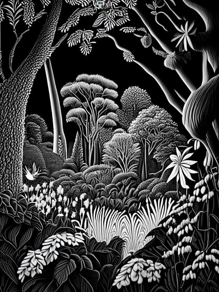 Gothenburg Botanical Garden, Sweden Linocut Black And White Vintage
