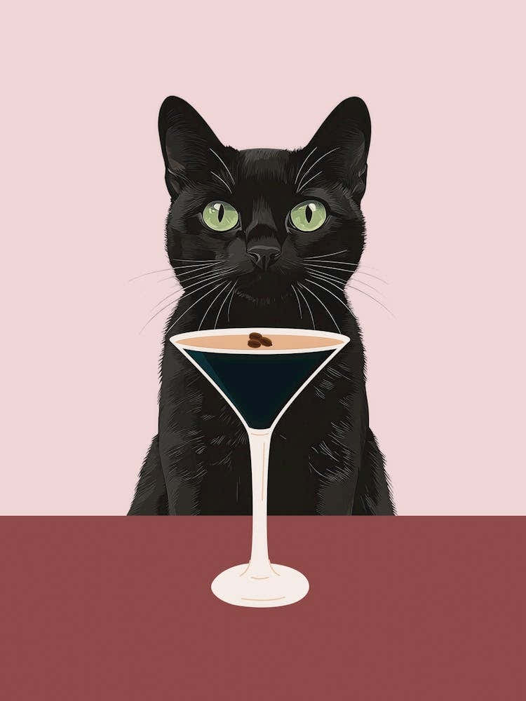 Cat with Espresso martini art in neutral and deep red colors in a minimalist aesthetic, quirky illustration whimsical artwork ideal for kitchens, cafes, coffee bars, bar carts, fun contemporary art for an eclectic living room