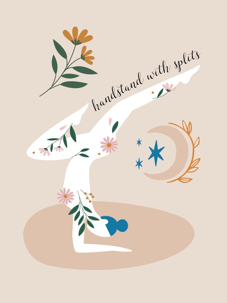 Handstand With Sparkles. Boho Yoga Girl & Flowers — boho poster, boho wall art