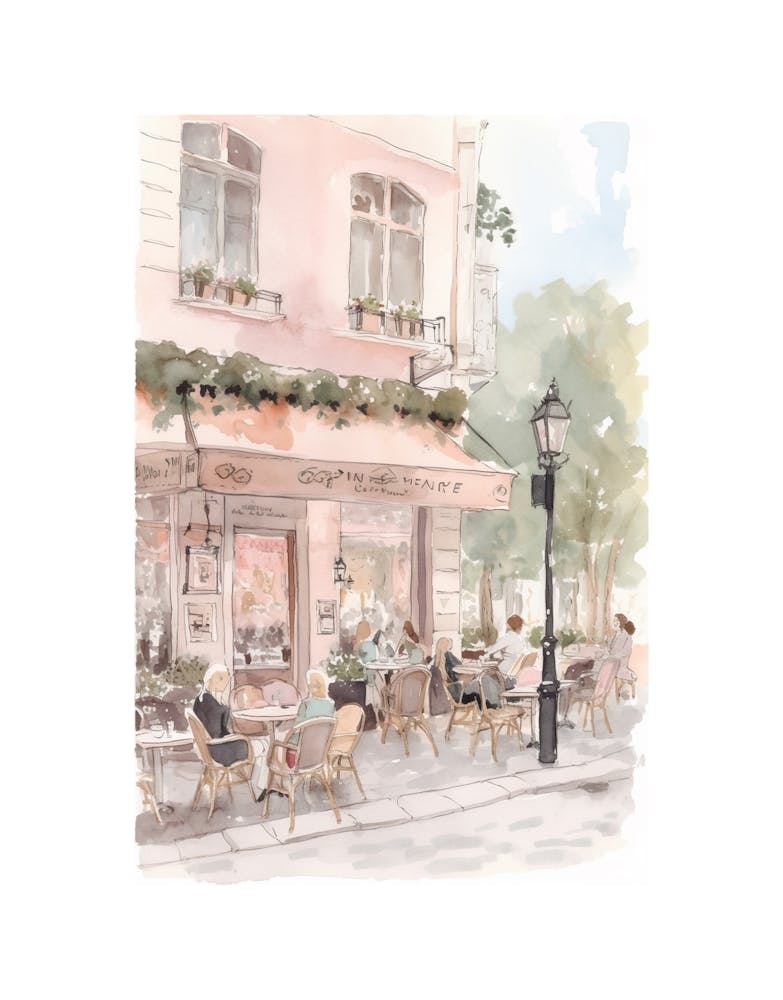 Paris Street Cafe Scene Pink Illustration Watercolour