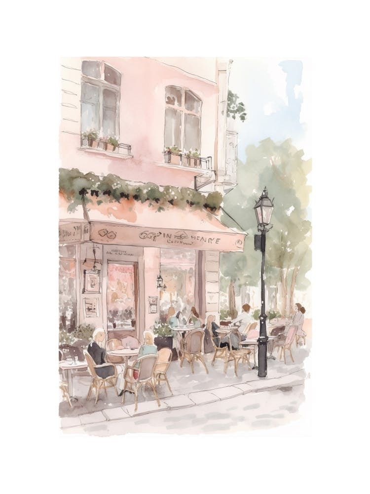 Paris Street Cafe Scene Pink Illustration Watercolour