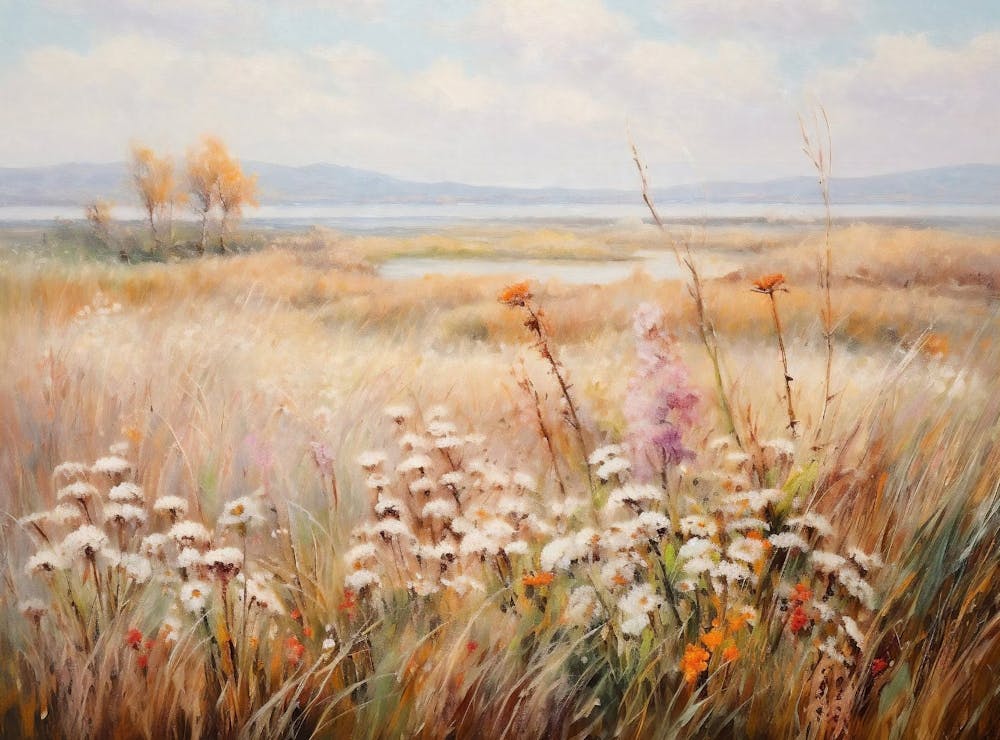 Vintage Landscape Oil Painting, Wildflower Field Landscape, White Flowers Country Field Art Digital Download, Nature Printable Art
