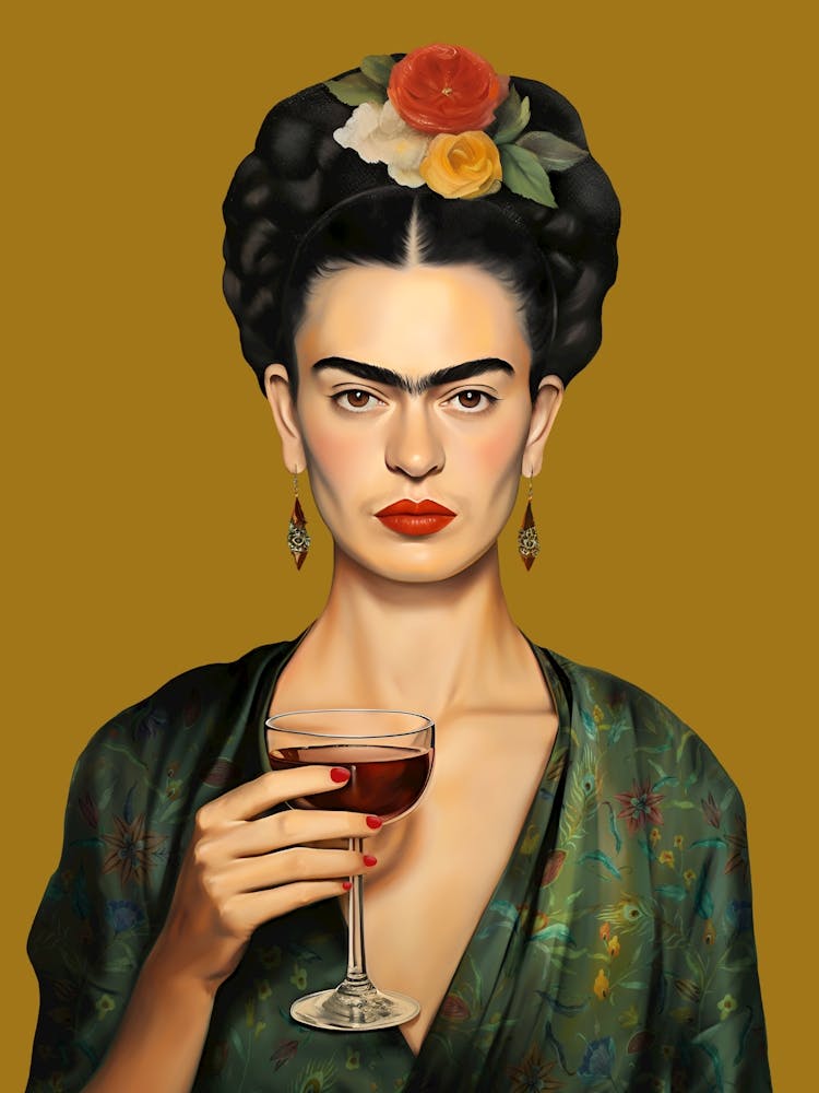 Frida trinkt Wein, Fotografie braun-grüne Malerei