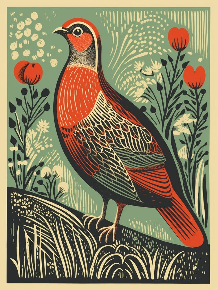 Vintage Bird Linocut Partridge 2