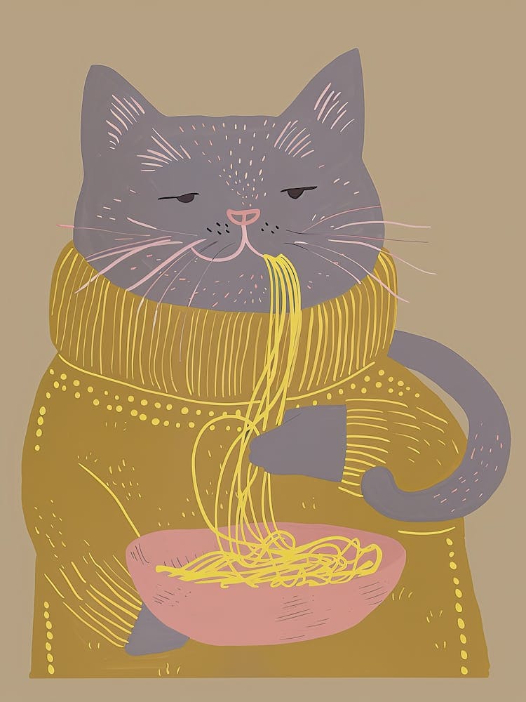 Grey Cat Pasta Lover Folk Illustration 4