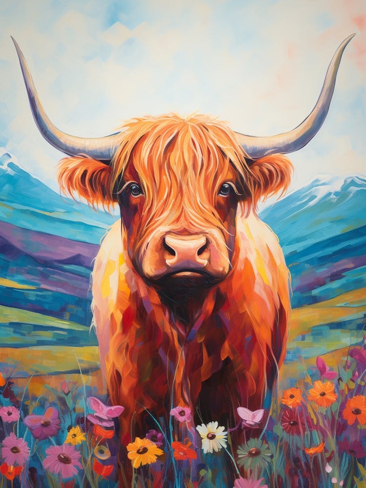 Floral Digital Illustration Of Highland Cow 1