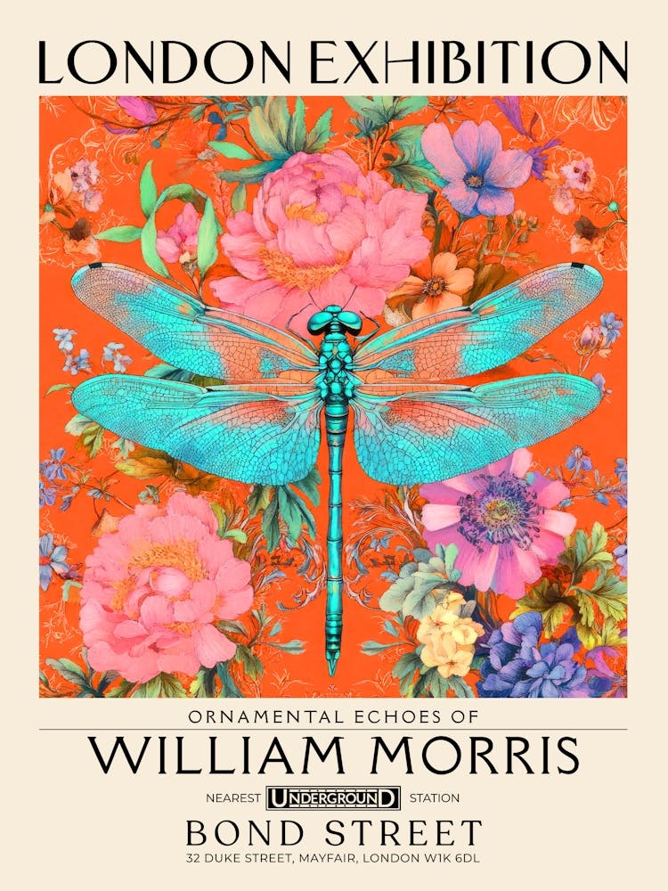 William Morris Dragonfly and floral artwork vibrant colors, insect and flower pattern Botanical vintage print, maximalist wall art living room boho decor, Floral tapestry Victorian style vintage decor 6