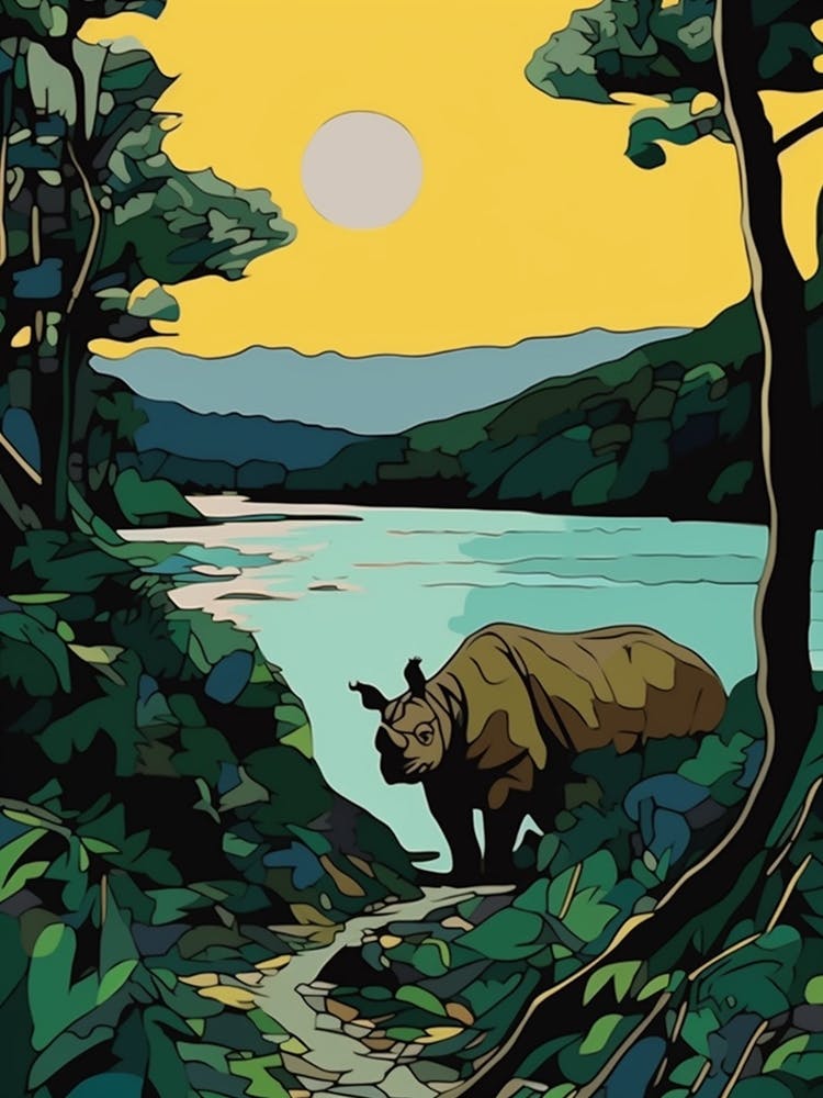 A Rhino Coming Out Of The River In The Sun 2