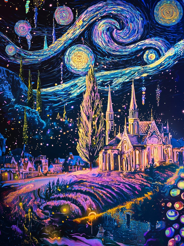 Starry Night inspired by van Gogh, Reimagined Masterpiece in Synthwave Cyberpunk style.
