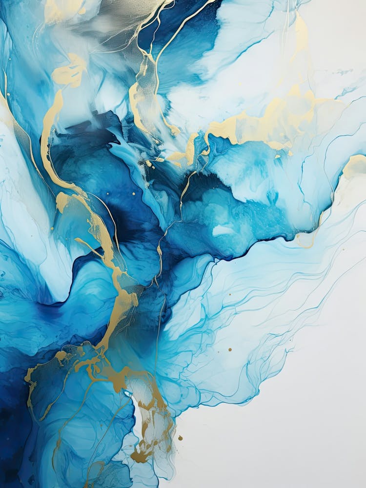 Blue, White, Gold Flow Asbtract Painting 3