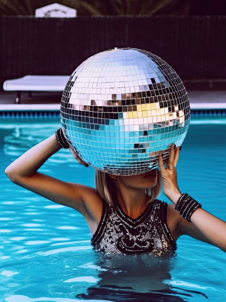 Woman Pool Disco Ball Fashion Photography 0