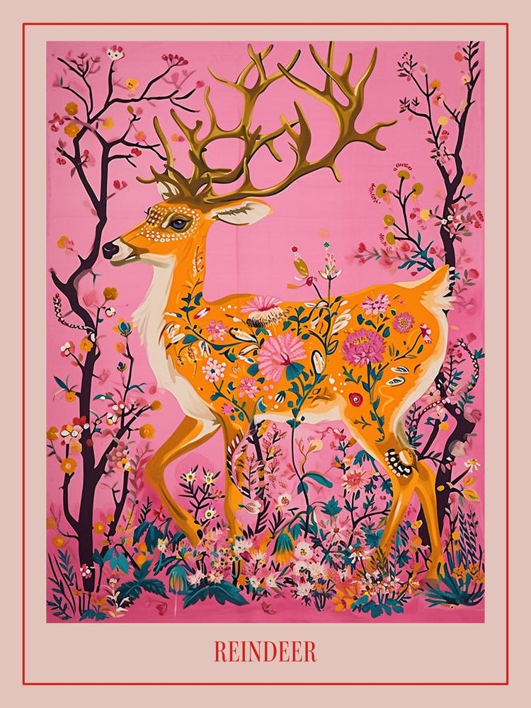 Floral Animal Painting Reindeer 3 Poster