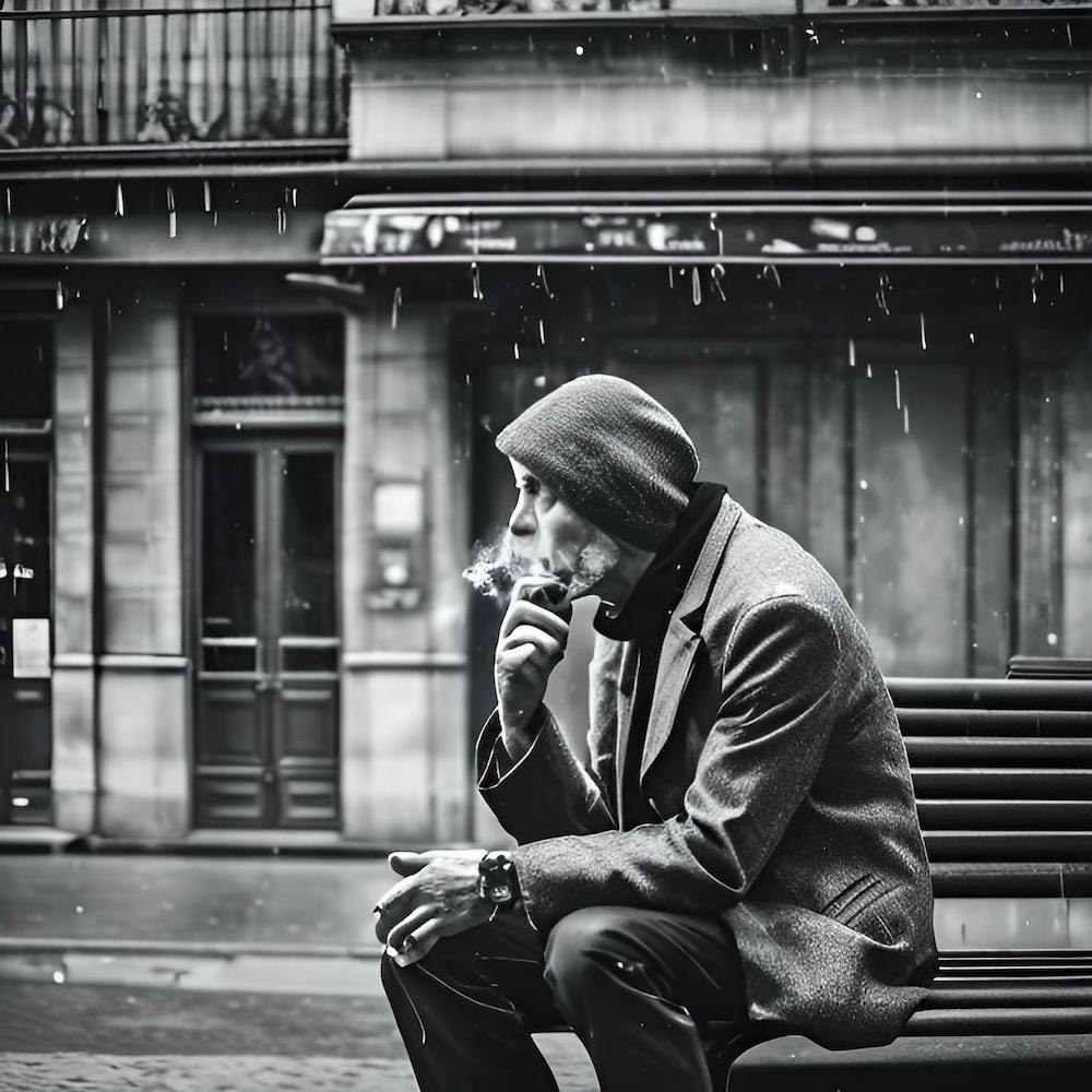 Man Smoking On A Bench on a rainy day on a Parisian street. Black and White.