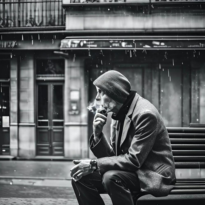 Man Smoking On A Bench on a rainy day on a Parisian street. Black and White.
