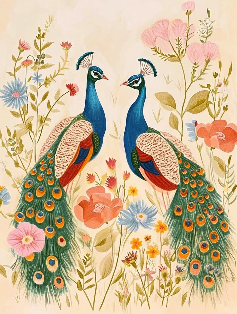 Folksy Floral Animal Drawing Peacock 4