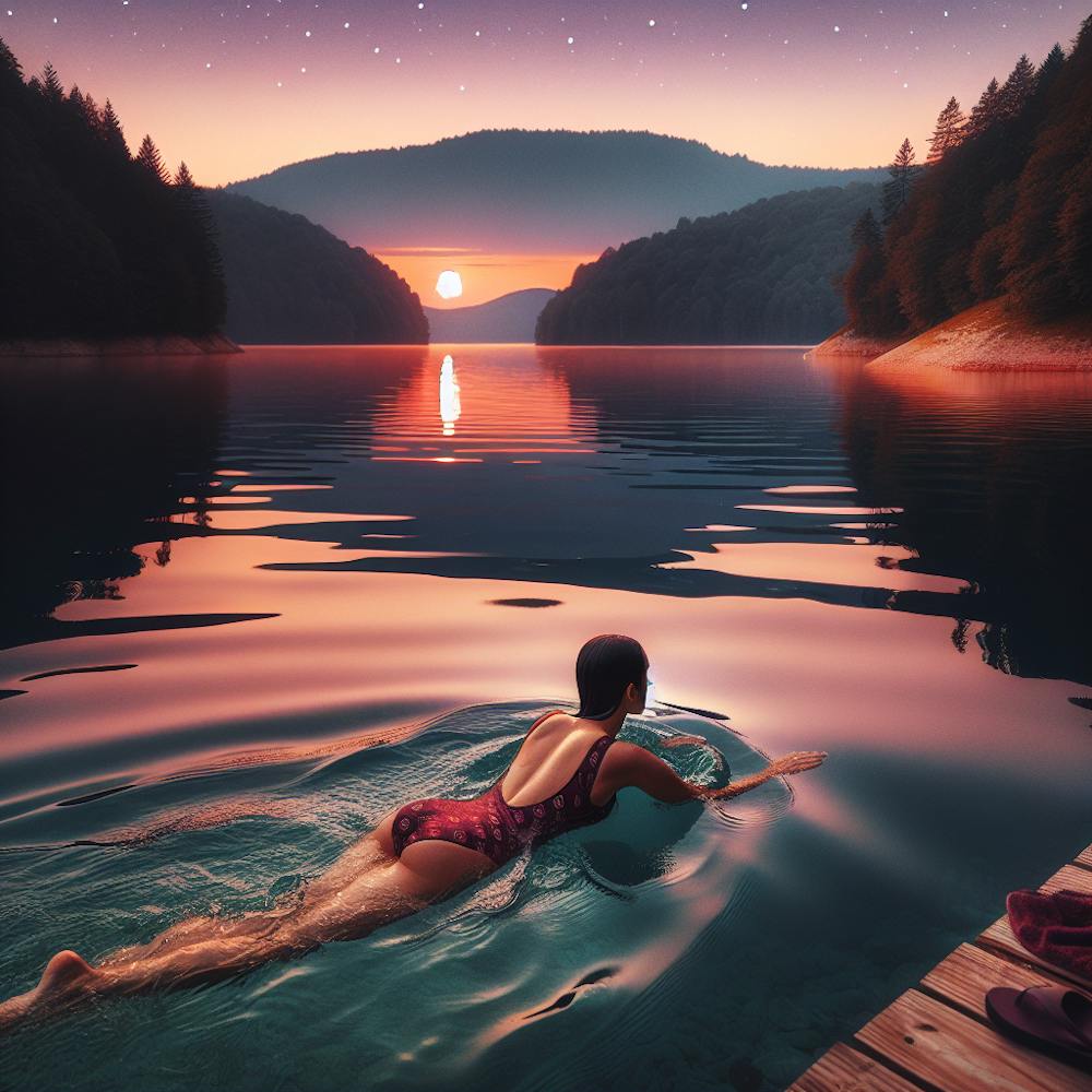 Woman Swimming In The Lake At Sunset