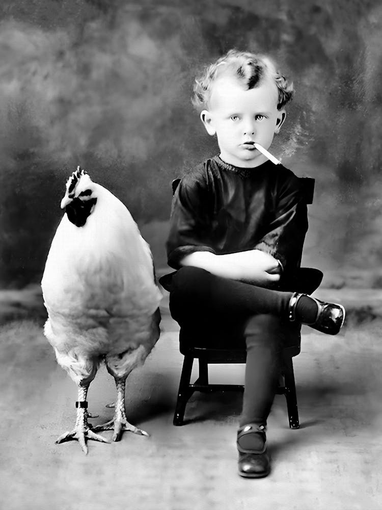 Little Boy With A Chicken, Smoking Cigarette, Vintage Black and White Old Photo