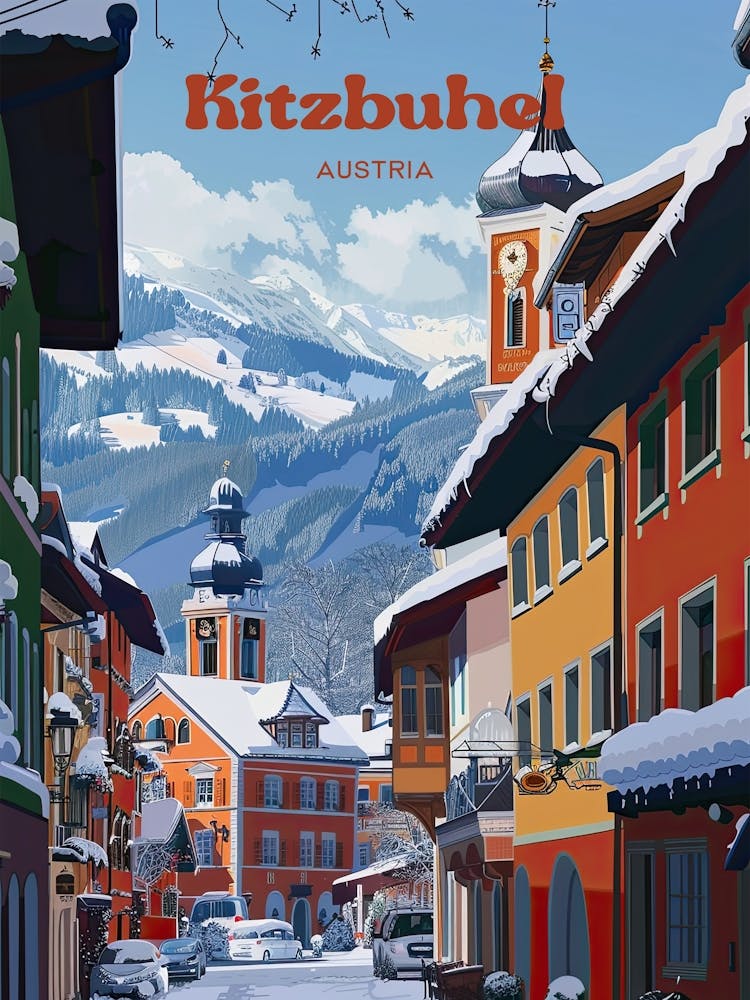 Kitzbuhel Austria Winter Resort Travel Art