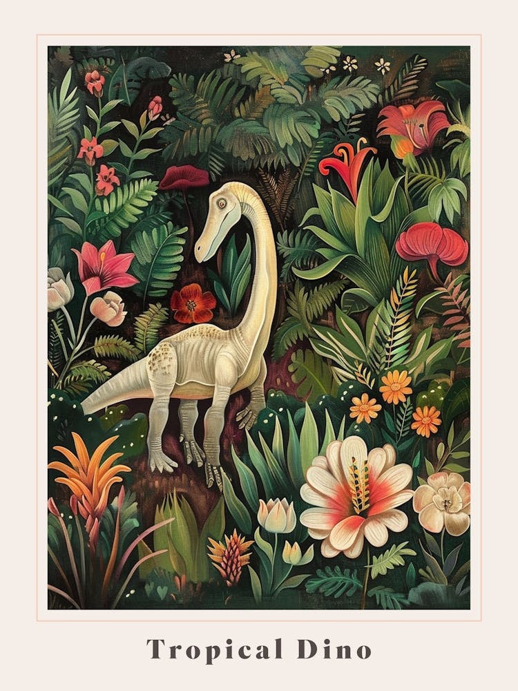 Dinosaur In Tropical Flowers Painting 2 Poster