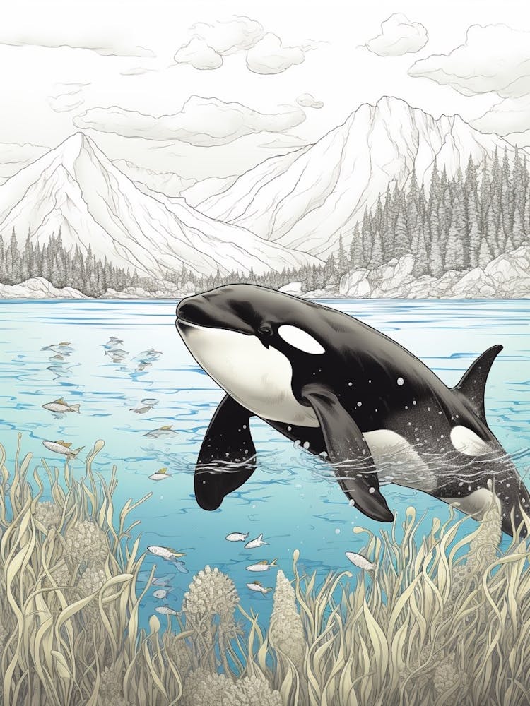 Tons Neutres Bleus et Dessin au Trait de Baleine Orque