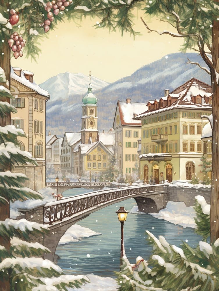 Vintage Winterillustration Luzern Schweiz 2