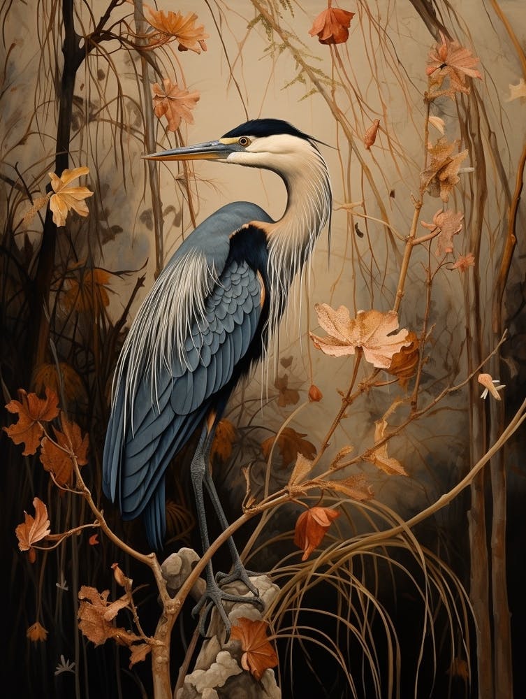 Dark And Moody Botanical Great Blue Heron 3