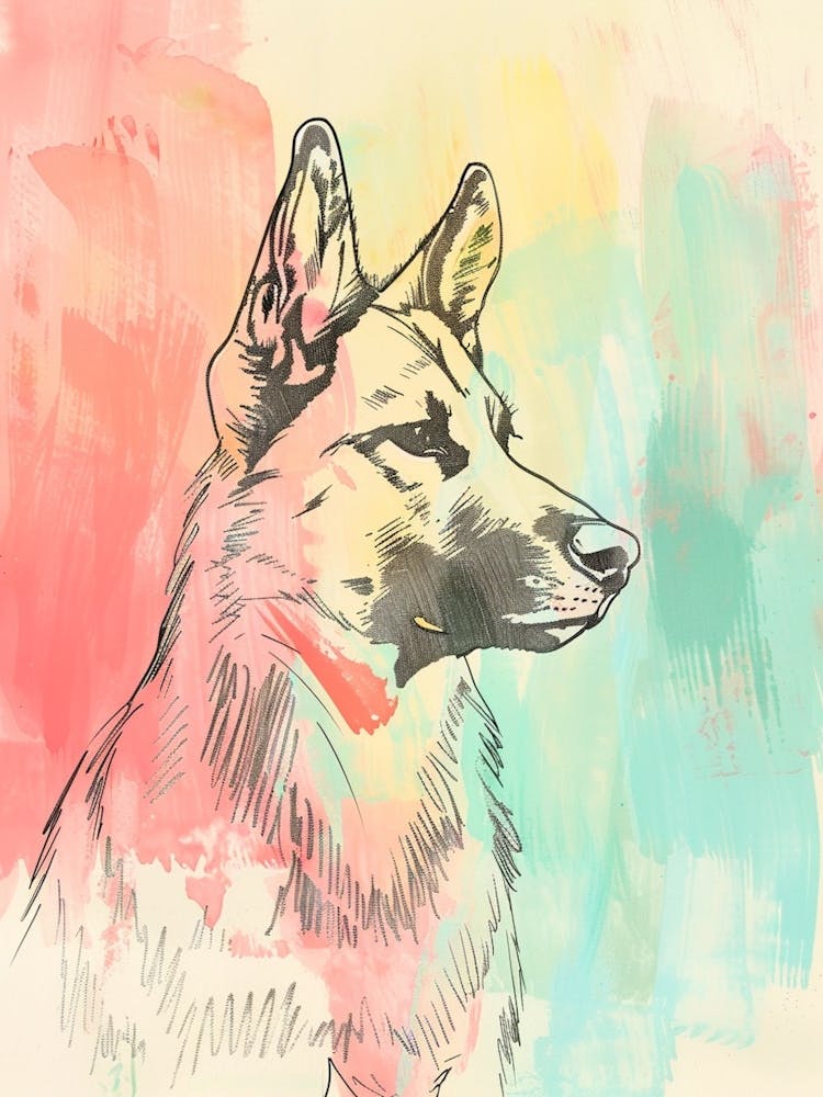 German Shepherd Dog Pastel Line Watercolour Illustration  1 2