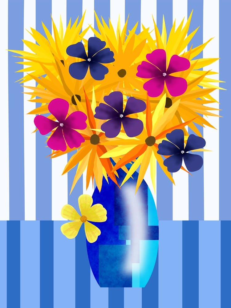 Vase of Yellow, Orange and Purple Flowers