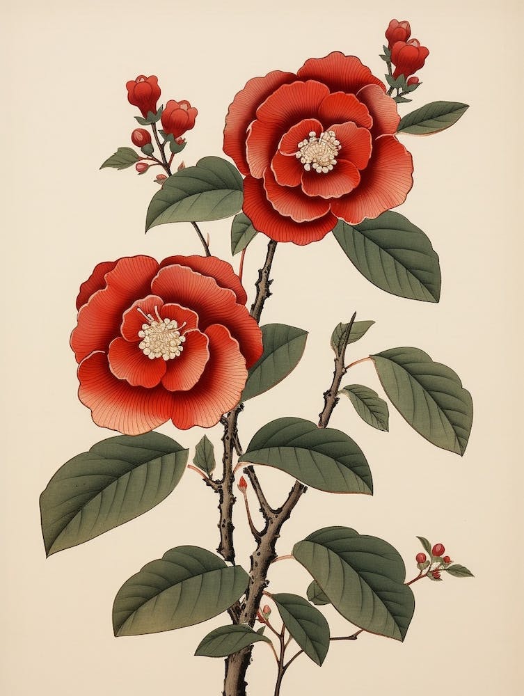 Tsubaki Camellia 3 Vintage Japanische Botanik
