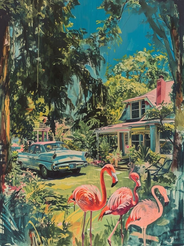 Retro Flamingoes In A Garden 2
