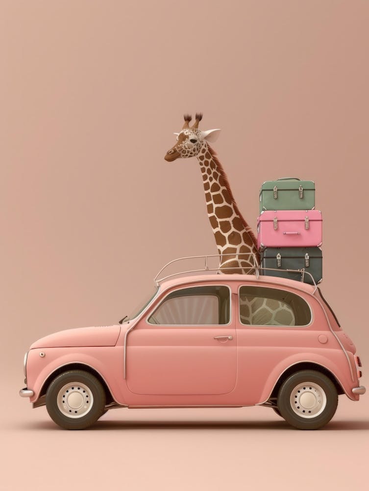 Giraffe On A Pink Car
