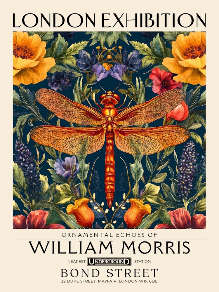 William Morris Dragonfly and floral artwork vibrant colors, insect and flower pattern Botanical vintage print, maximalist wall art living room boho decor, Floral tapestry Victorian style vintage decor 17