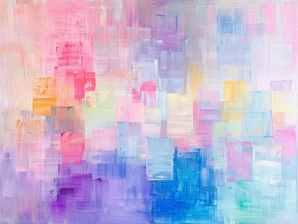 Abstract Oil Painting, Vivid Colors, Gold Maple Leaf Paint, Gray, Periwinkle Blue, Square Shapes 1